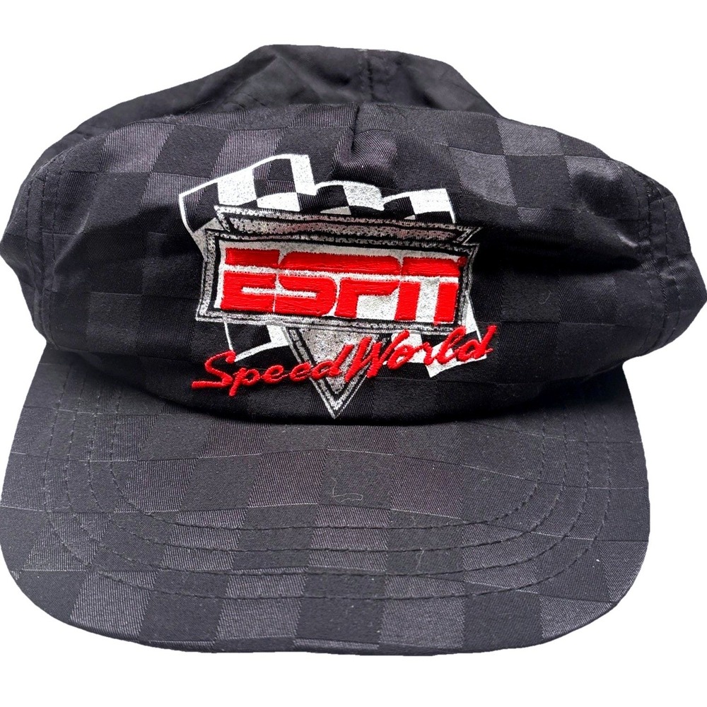 Vintage ESPN Speed World Black Snapback Hat Cap Checkered Racing Sports